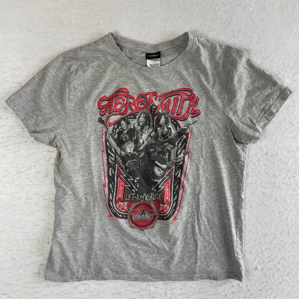 Aerosmith T-Shirt Womens Large Gray 2014 Let Rock Rule Tour Graphic Short Sleeve
